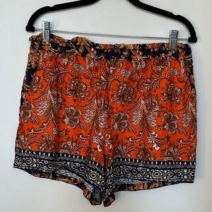 Anthro Pull On Paisley Print Ruffled Stretch Waistband Casual‎ Resort Shorts L